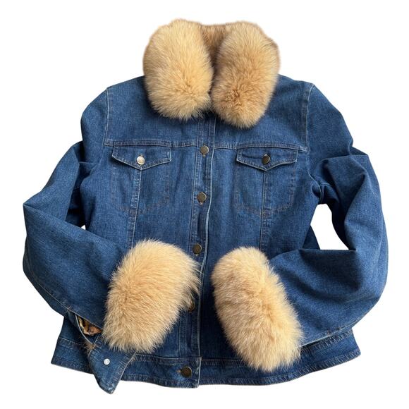 Vintage Italian Denim Jacket with Faux-Fur Collar & Cuffs (S) - Picture 2 of 12